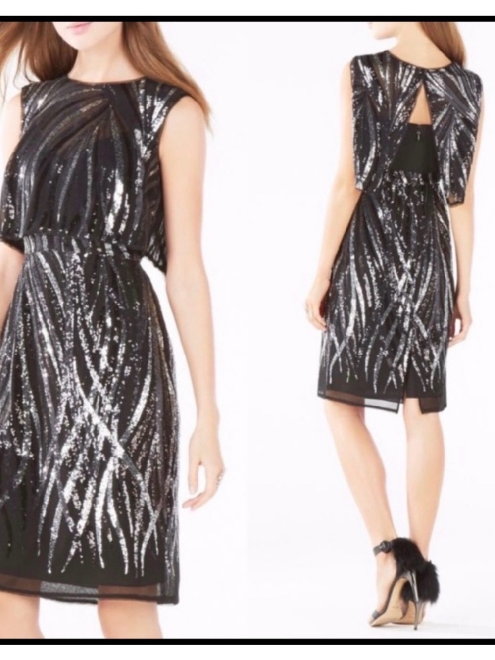 BCBGMaxAzria Black and Silver Sequin Midi Dress